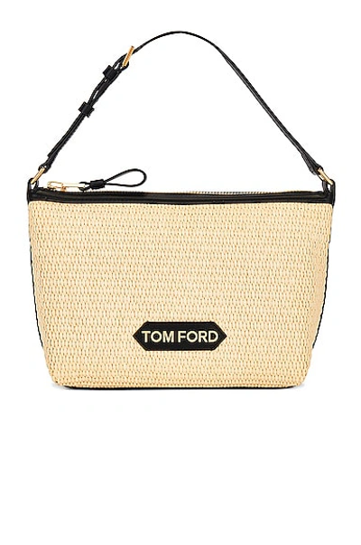 Tom Ford Label Leather-trimmed Raffia Shoulder Bag In Beige