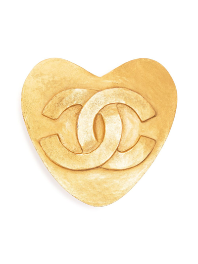 Pre-owned Chanel 1995 Cc Logo Heart Brooch In Gold
