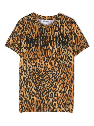 Moschino Kids' Logo-print Leopard-print T-shirt In Brown