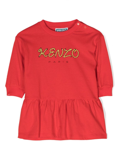 Kenzo Babies' Logo-print Long-sleeved Dress In Red