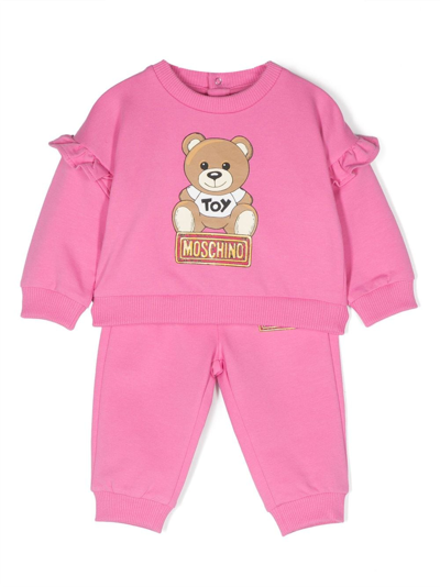 Moschino Babies' Leo Teddy-print Ruffled-trim Tracksuit Set In Pink