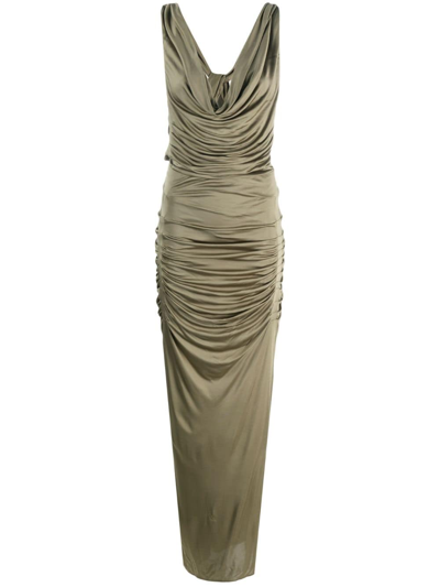 Gauge81 Ina Metallic Ruched Cowl-neck Maxi Dress In Green