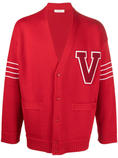 Valentino Vlogo-patch Wool Cardigan In Red Ivory