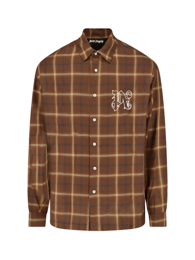 Palm Angels Pa Monogram-print Checked Shirt In Brown