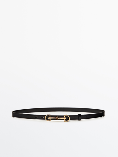 Massimo Dutti Leather Belt With Double Long Buckle In Black