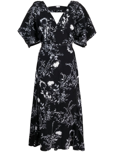 Victoria Beckham V-neck Floral-print Godet Dress With Sash Detail In Black,white