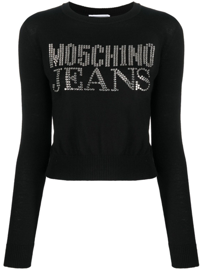 Moschino Jeans Rhinestone-embellished Wool-blend Jumper In Black