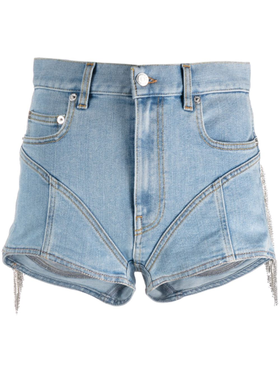 Mugler Spiral Paneled Denim And Stretch-jersey Shorts In Gnawed Blue