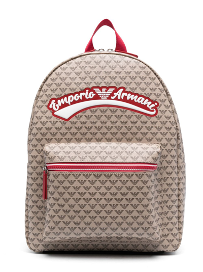 Emporio Armani Kids' Monogram-print Backpack In Brown