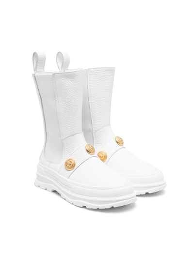 Balmain Kids' Leather Boots With Embossed Buttons In Bianco