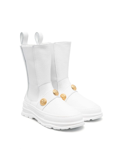 Balmain Kids' Leather Boots With Embossed Buttons In White