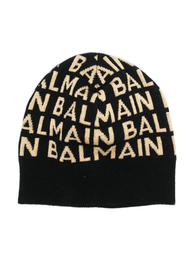 Balmain Kids' Logo Wool-blend Beanie In Black