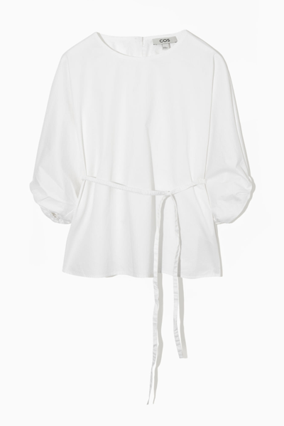 Cos Belted Puff-sleeve Blouse In White