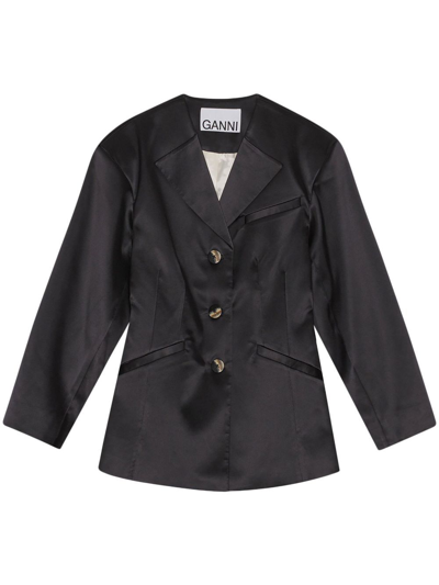 Ganni Long Sleeve Double Satin Fitted Blazer In Negro