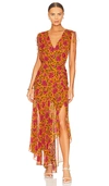 Veronica Beard Dovima Floral V-neck Gathered Maxi Dress In Hot Orange Multi