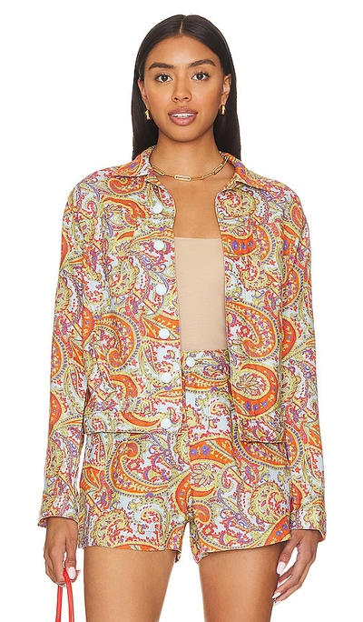 L Agence Celine Paisley Slim Linen Jacket In Light Blue Vintage Paisley