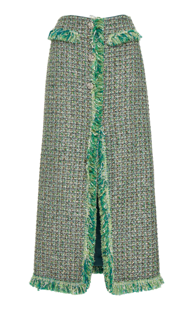 Giambattista Valli Fringed Boucle Tweed Maxi Skirt In Green