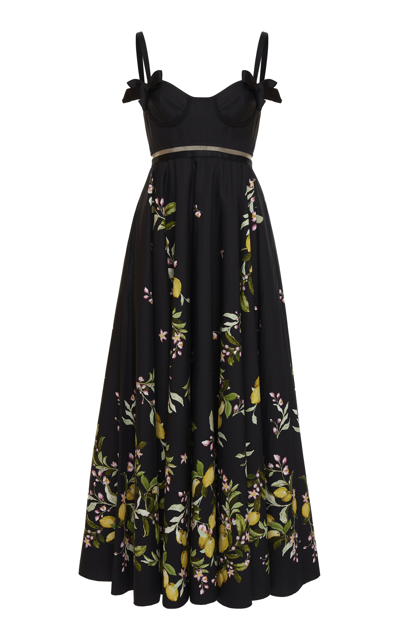 Giambattista Valli Bow-detailed Cotton Poplin Maxi Dress In Black Yellow