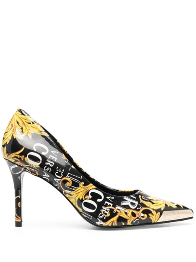 Versace Jeans Couture Baroque-print Logo Pumps In Black