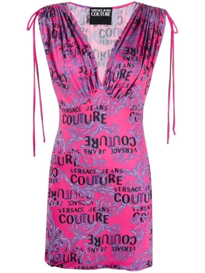 Versace Jeans Couture Logo-print Plunge Mini Dress In Pink