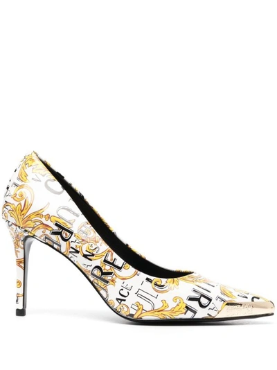 Versace Jeans Couture Baroque-print Logo Pumps In White