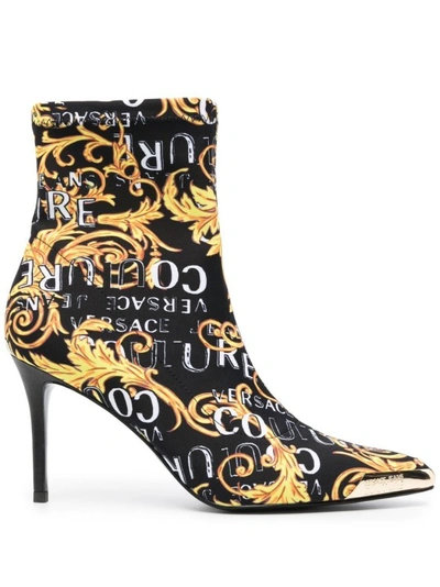 Versace Jeans Couture Scarlett 85mm Logo Brush Couture-print Boots In Black