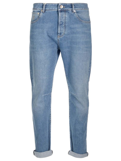 Brunello Cucinelli Logo Patch Slim Fit Trousers In Blue