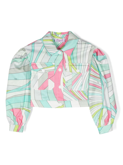 Pucci Junior Kids' Abstract-print Cropped Jacket In Blue