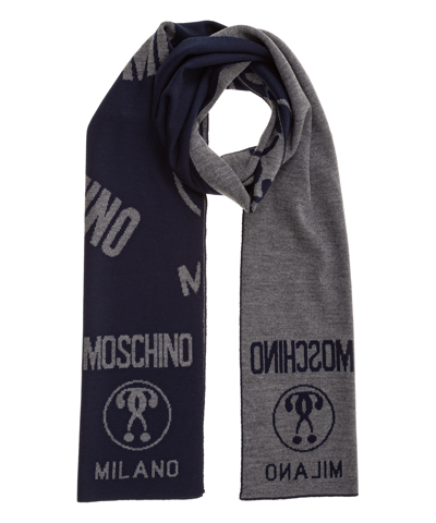Moschino Double Question Mark Wool Scarf In Blue