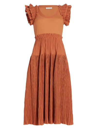 Ulla Johnson Virginia Crinkled Poplin And Ribbed Stretch-cotton And Modal-blend Midi Dress In Brown