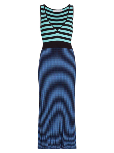 Proenza Schouler White Label Striped Ribbed-knit Midi Dress In Aqua Black Oxford Blue