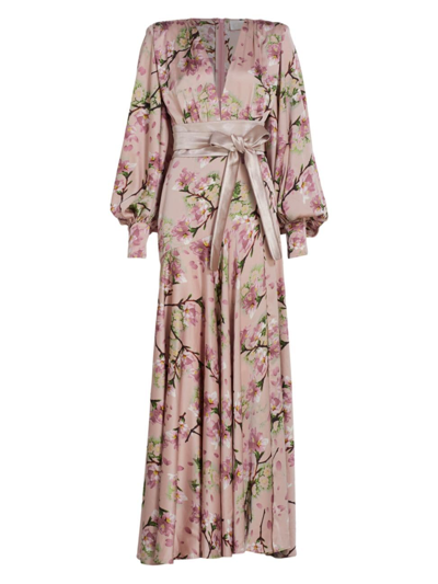 Bronx And Banco Carmen Sakura-print Bishop-sleeve Gown In Pink Floral