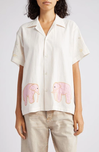 Bode Tiny Zoo Short Sleeve Cotton Button-up Shirt In Pink White