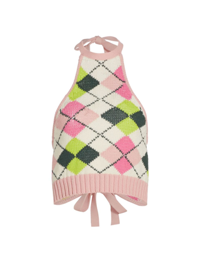 Ganni Cropped Argyle Organic Cotton Halterneck Top In Multicolour