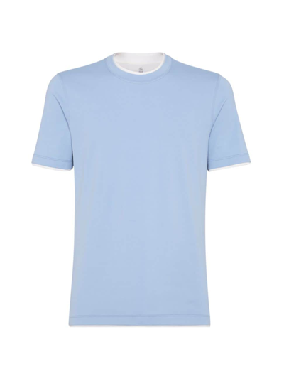 Brunello Cucinelli Men's Cotton Jersey Round Neck Slim Fit T-shirt With Faux-layering In Sky Blue