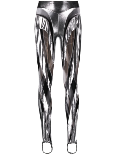 Mugler 金属色平纹针织&薄纱紧身裤 In Silver