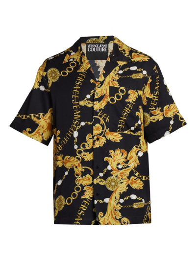 Versace Jeans Couture Printed Button Down Camp Shirt In Black Gold