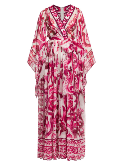 Dolce & Gabbana Women's Maiolica Print Chiffon Jumpsuit In Tris Maioliche Fuxia