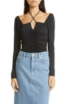 Ganni Black Blouse With Criss-cross Straps And Long Sleeves In Recycled Fabric Woman In Black
