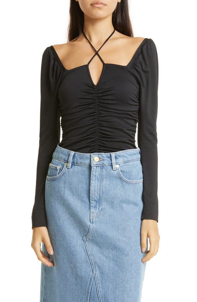 Ganni Black Blouse With Criss-cross Straps And Long Sleeves In Recycled Fabric Woman