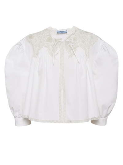 Prada Women's Embroidered Lace And Poplin Shirt In White