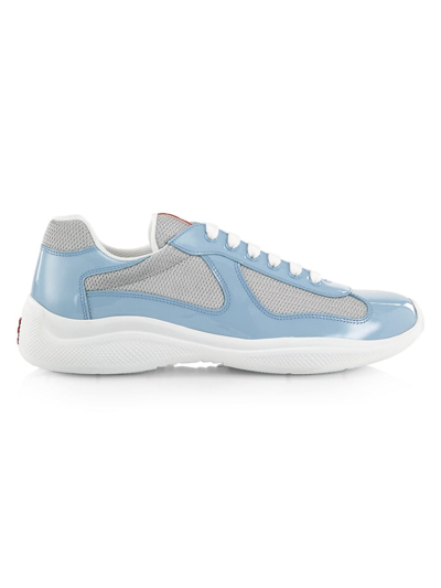 Prada Men's America's Cup Patent Leather & Technical Fabric Trainers In Celeste Argento