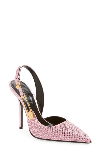 Versace Safety Pin Crystal Pointy Toe Slingback Pump In Pale Pink