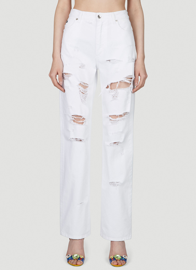Dolce & Gabbana Logo Plaque Distressed Jeans In White