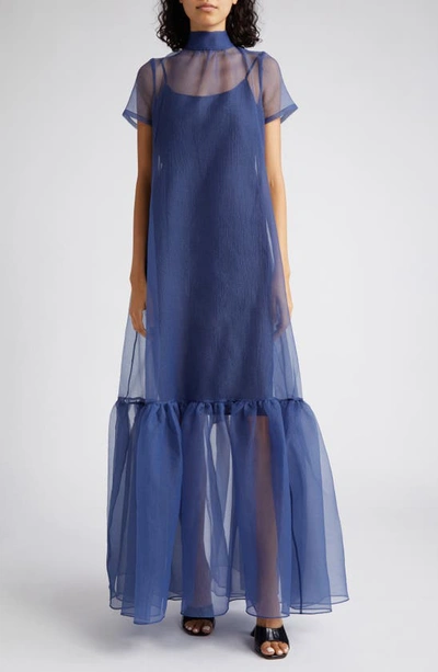 Staud Calluna Neck-tie Organza Gown In Marine Blue