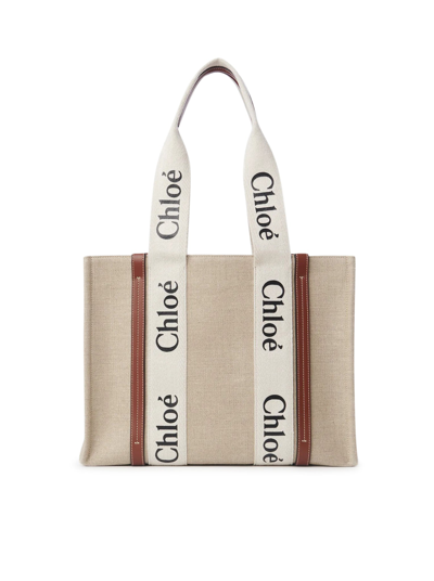 Chloé Medium Woody Logo Tote Bag In White