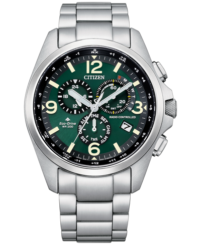 Citizen Eco-drive Men's Chronograph Promaster Land Stainless Steel Bracelet Watch 45mm In Green/silver