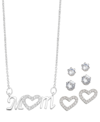 MACY'S SILVER PLATED CUBIC ZIRCONIA PAVE MOM HEART NECKLACE WITH THREE PIECE EARRING SET