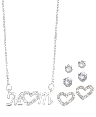 Macy's Silver Plated Cubic Zirconia Pave Mom Heart Necklace With Three Piece Earring Set In Clear