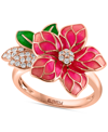 Effy Collection Effy Pink & Green Enamel & Diamond Flower Ring (1/5 Ct. T.w.) In 14k Rose Gold In Gold